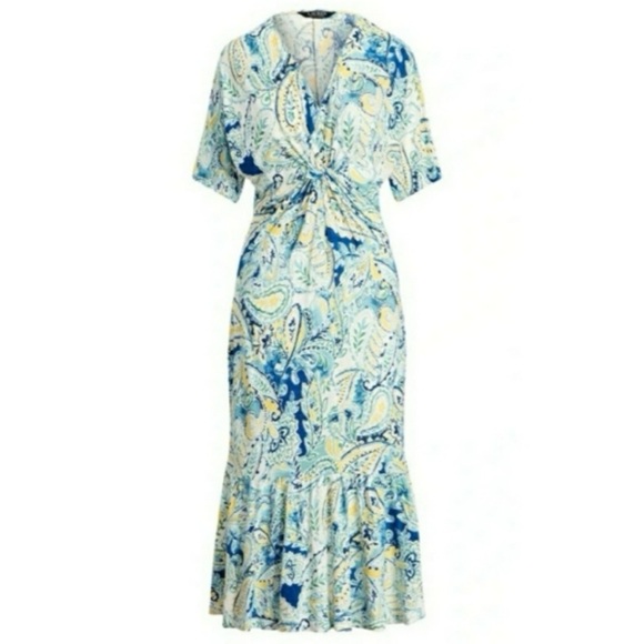 Lauren Ralph Lauren Paisley Print A-Line Dress Linen Blend Short Sleeve Midi XS